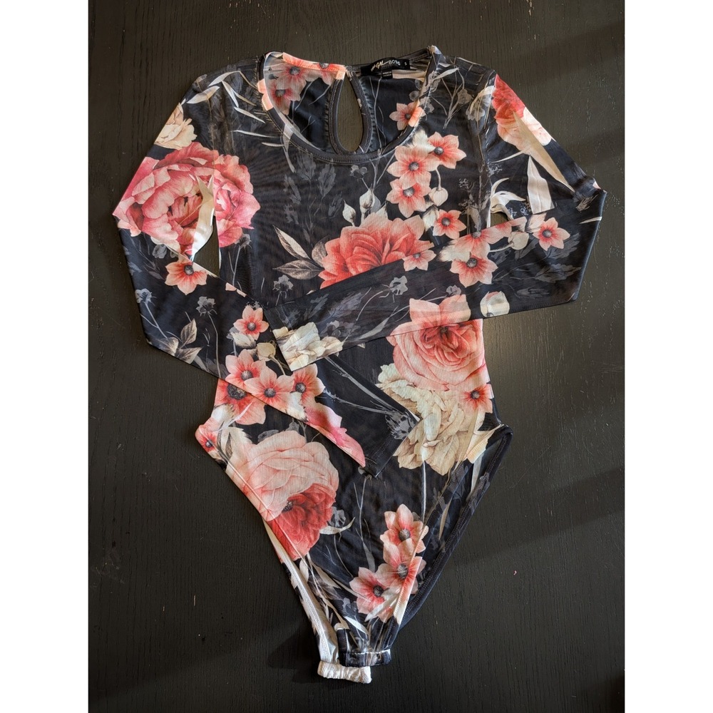 #GALBOSS Floral Mesh Bodysuit S‎ Long Sleeve Sheer Keyhole Back Romantic Goth